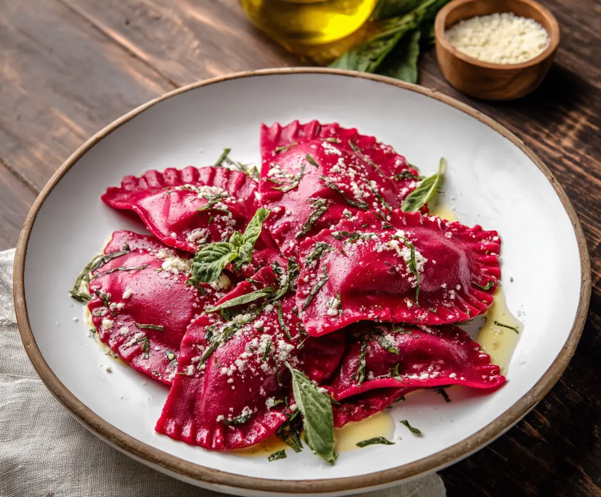 Delicious beet ravioli with vibrant red filling served on a white plate.