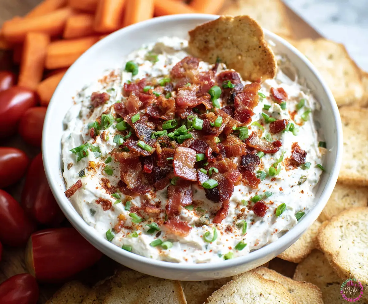 Cream cheese-based BLT dip served with fresh vegetables and chips.