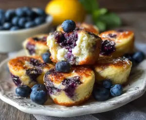 Delicious blueberry lemon cottage cheese pancake bites on a white plate, perfect for breakfast or brunch.
