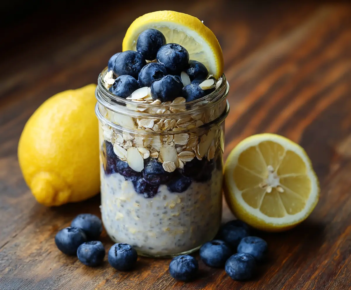 Creamy Blueberry Lemon Overnight Oats in a jar with fresh blueberries and lemon zest