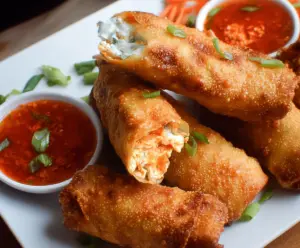 Crispy buffalo chicken egg rolls served with a side of ranch dipping sauce.