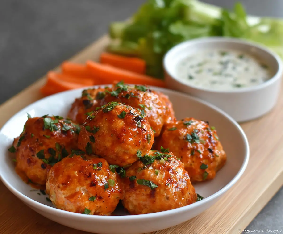 Delicious Buffalo Chicken Meatballs garnished with fresh herbs on a white plate