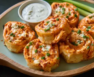 Delicious Buffalo Chicken Ranch Pinwheels with creamy filling and crispy exterior