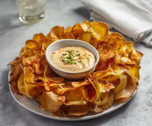 Crispy Buffalo Chips served with a spicy Louisiana Hot Dip in a bowl.