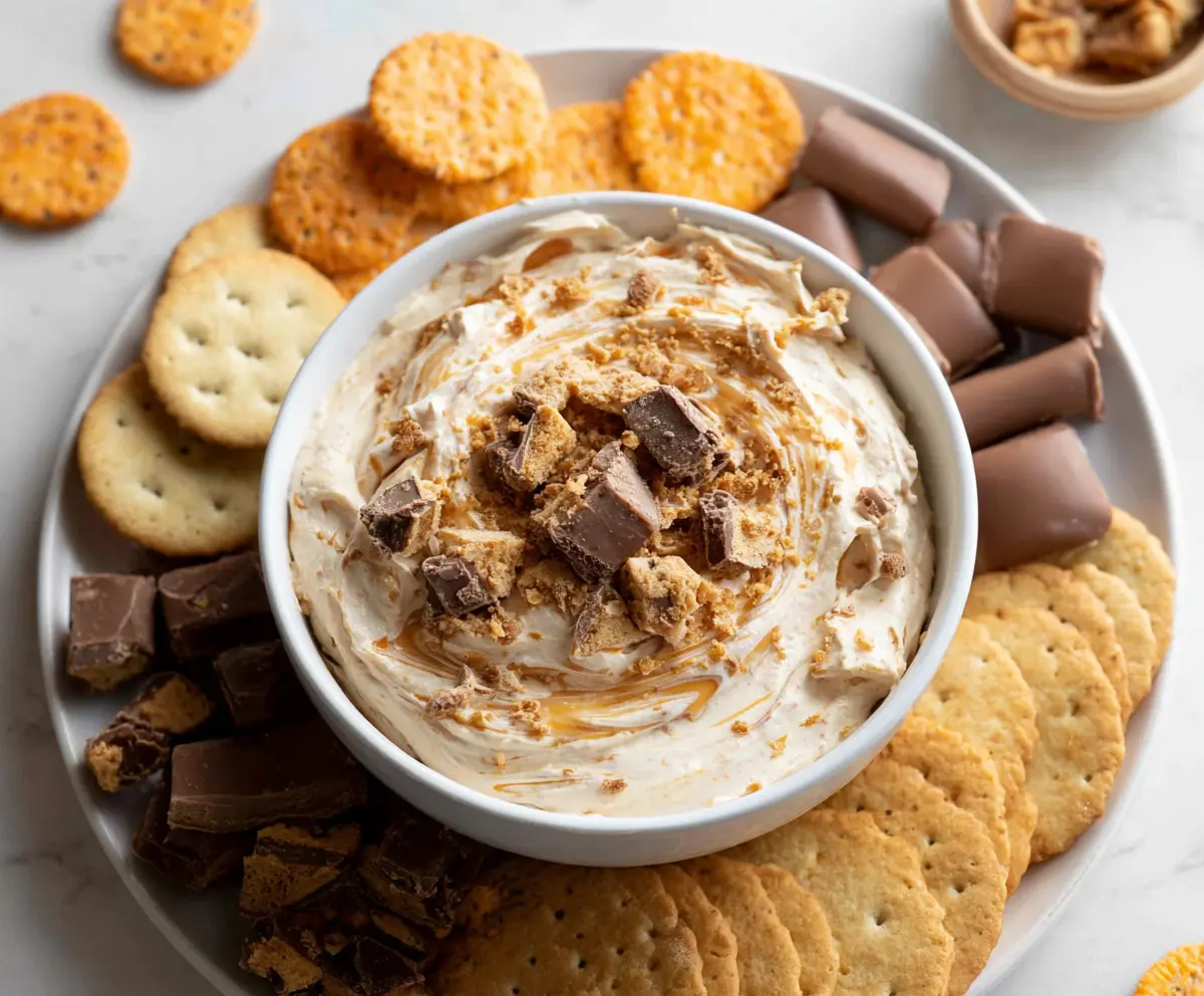 Delicious Butterfinger Dip served with chocolate and crushed candy bars for a sweet treat.