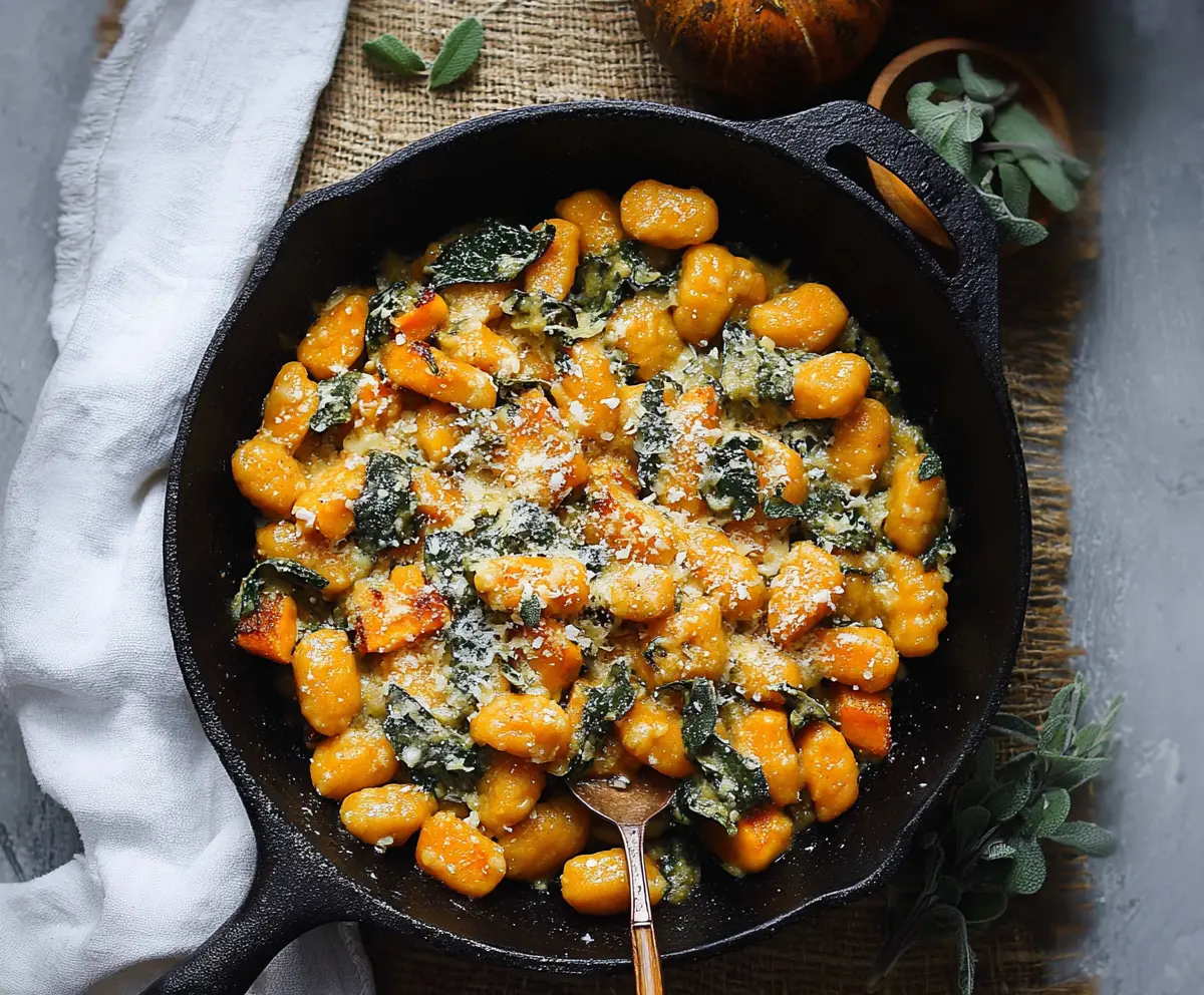 Golden brown butternut squash gnocchi served with sage butter on a rustic plate