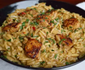 Creamy Cajun Chicken Alfredo Orzo served with flavorful spices and tender chicken pieces.