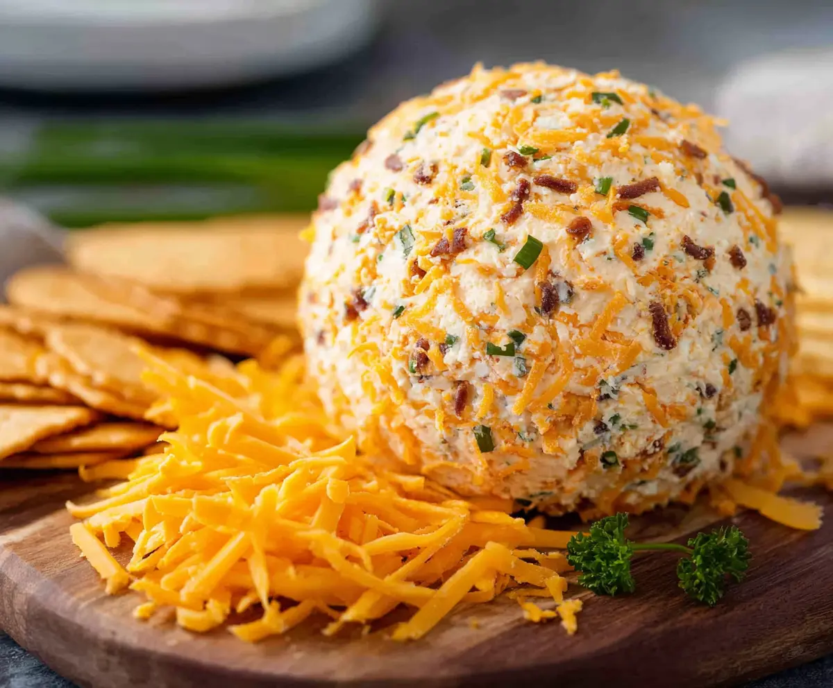 Creamy Cheddar Ranch Cheeseball with herbs and spices for appetizer delight