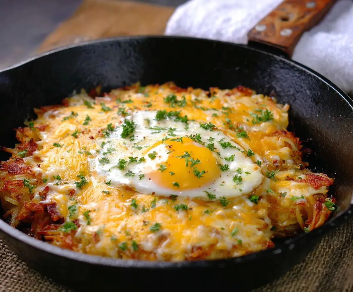 Delicious cheesy egg hash browns topped with melted cheese and crispy hash brown potatoes.