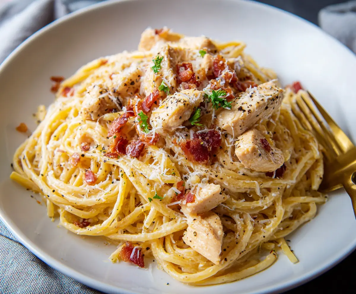 Delicious Chicken Carbonara Pasta with creamy sauce and crispy bacon on a white plate.