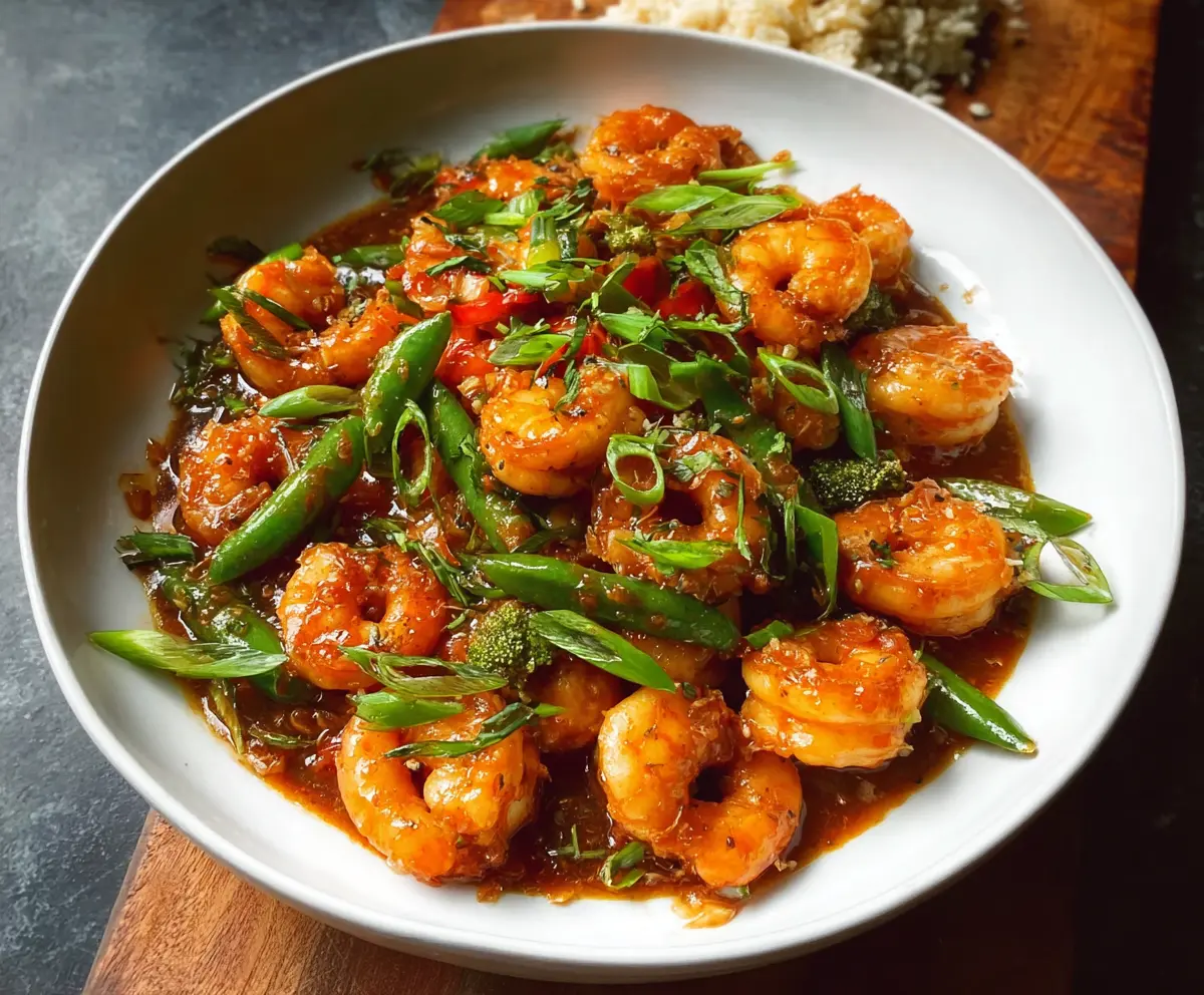 Delicious Chinese Hunan Shrimp stir-fry with spicy peppers and fresh herbs