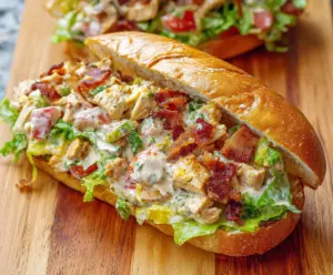 Delicious chopped chicken bacon ranch sandwich with fresh ingredients and crispy bacon.
