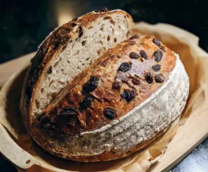 Homemade cinnamon raisin sourdough bread sliced on a wooden board, showing its golden crust and swirls of raisins and cinnamon.