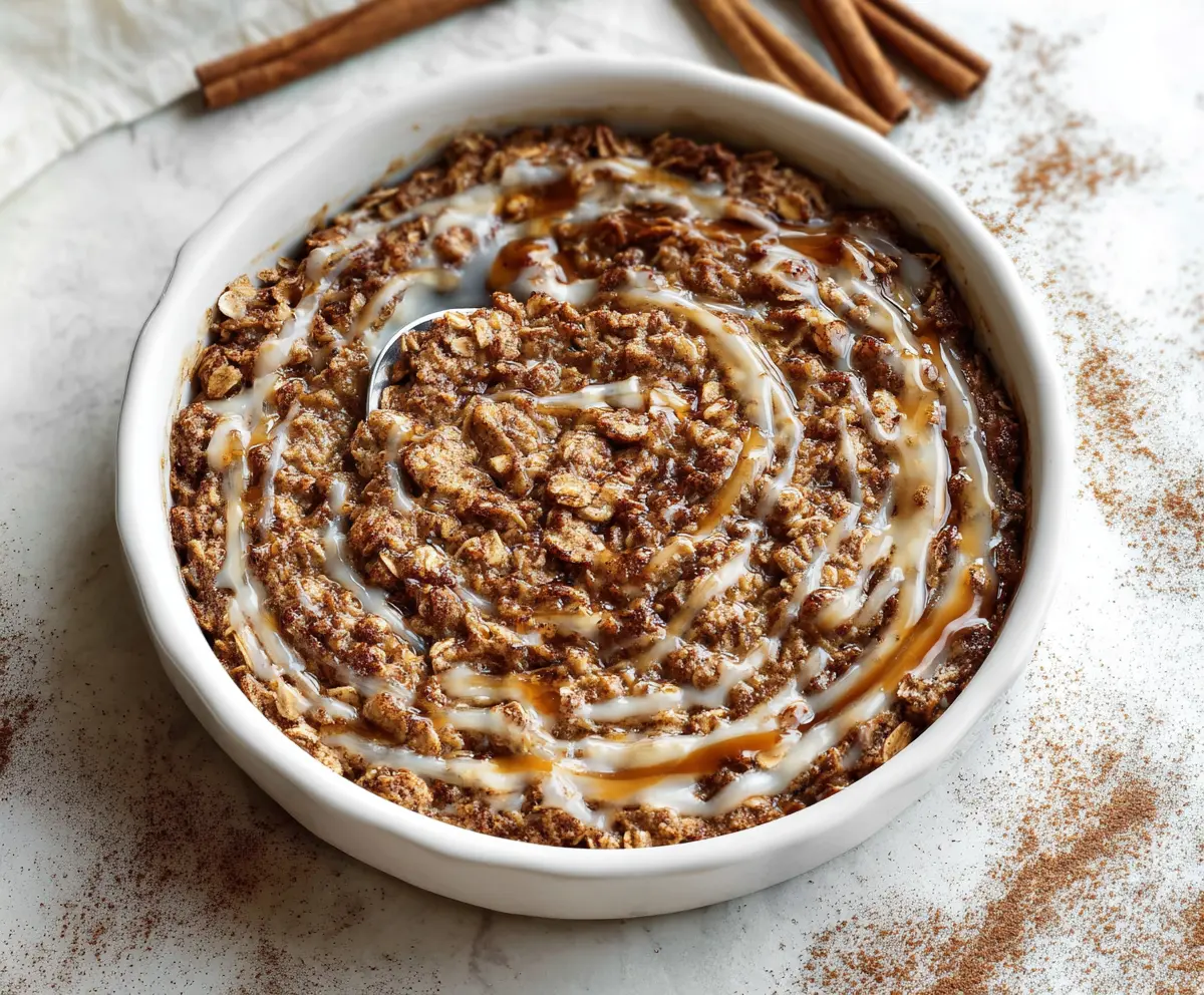 Delicious Cinnamon Roll Baked Oatmeal featuring swirls of cinnamon and creamy icing on top.