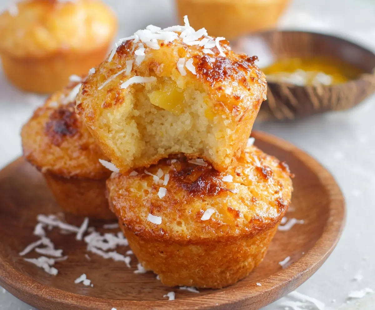 Delicious coconut and pineapple cottage cheese muffins fresh out of the oven, perfect for a healthy breakfast or snack.