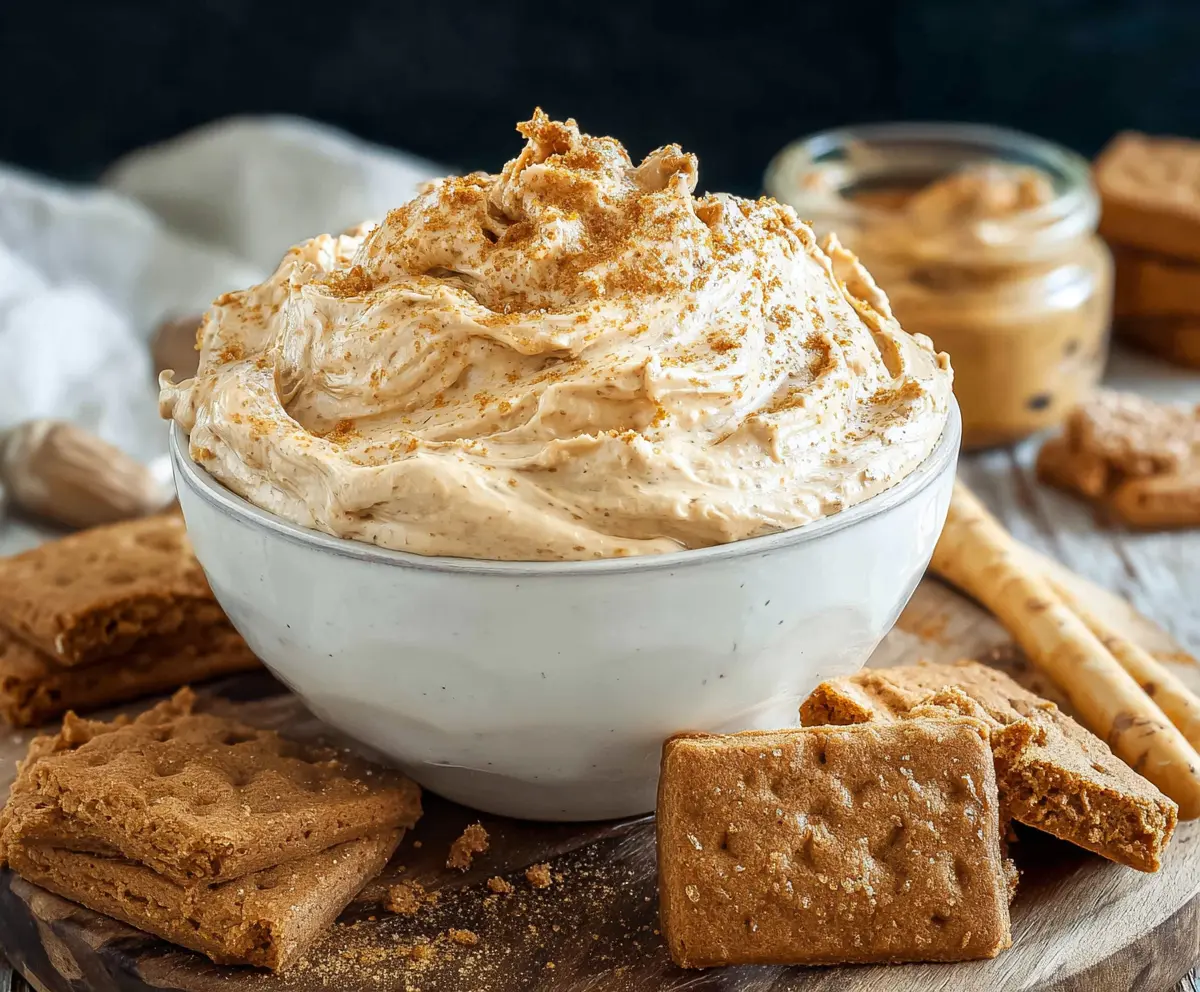Creamy Cookie Butter Dip served with cookies and fruit for dipping.