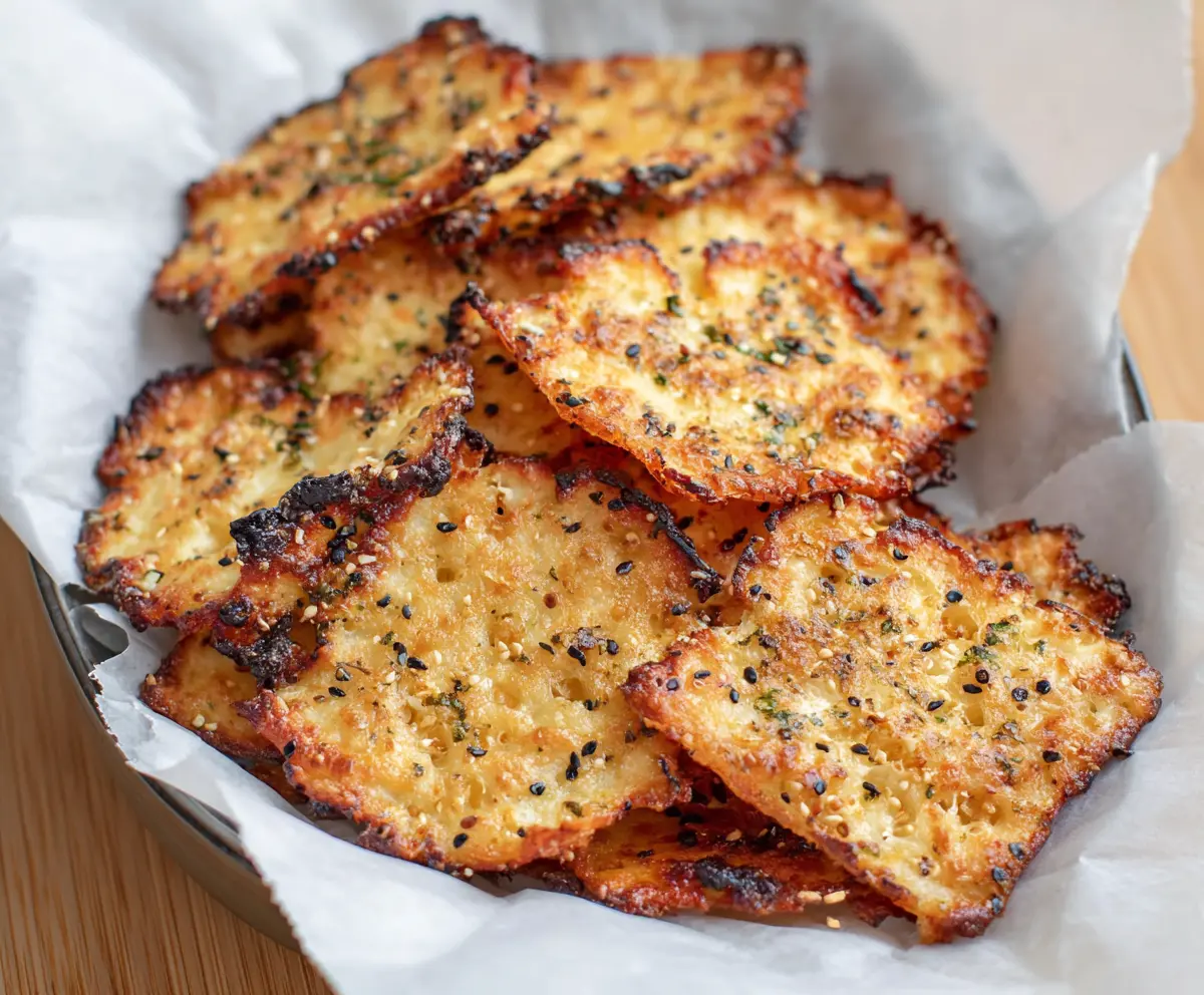 Golden baked cottage cheese chips on a white plate, crispy and served as a healthy snack