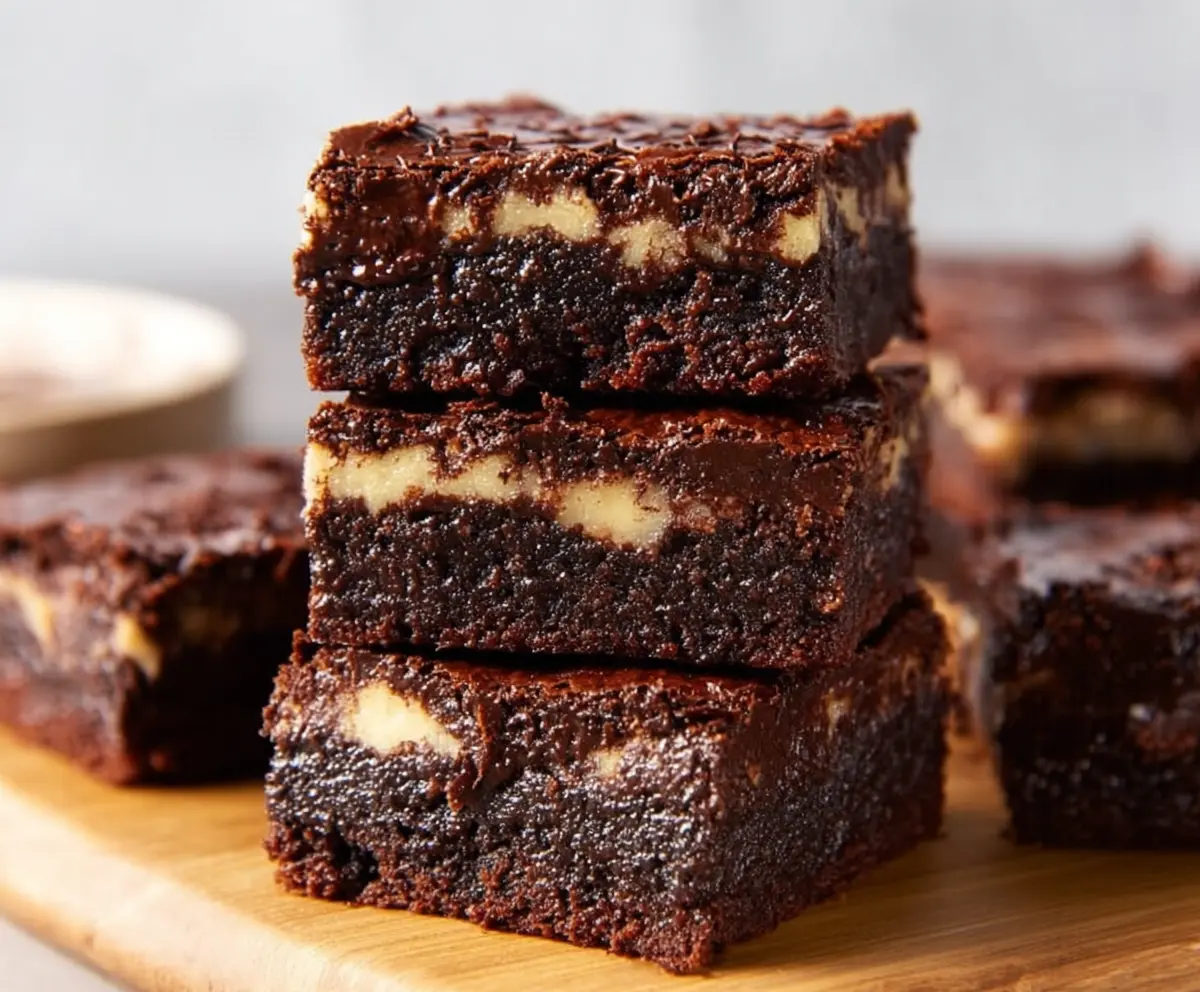 Delicious homemade cottage cheese brownies on a plate with a gooey chocolate center