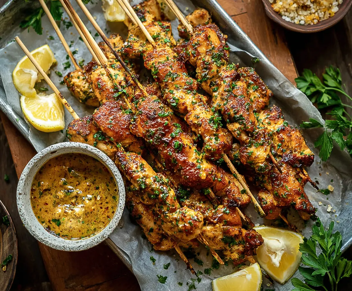 Juicy chicken skewers topped with homemade cowboy butter sauce served on a rustic platter.