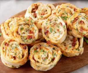 Delicious Crack Chicken Pinwheels filled with cheesy chicken mixture and flaky pastry.