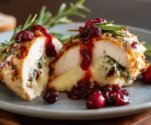 Delicious cranberry and Brie stuffed chicken breast garnished with fresh herbs on a white plate.