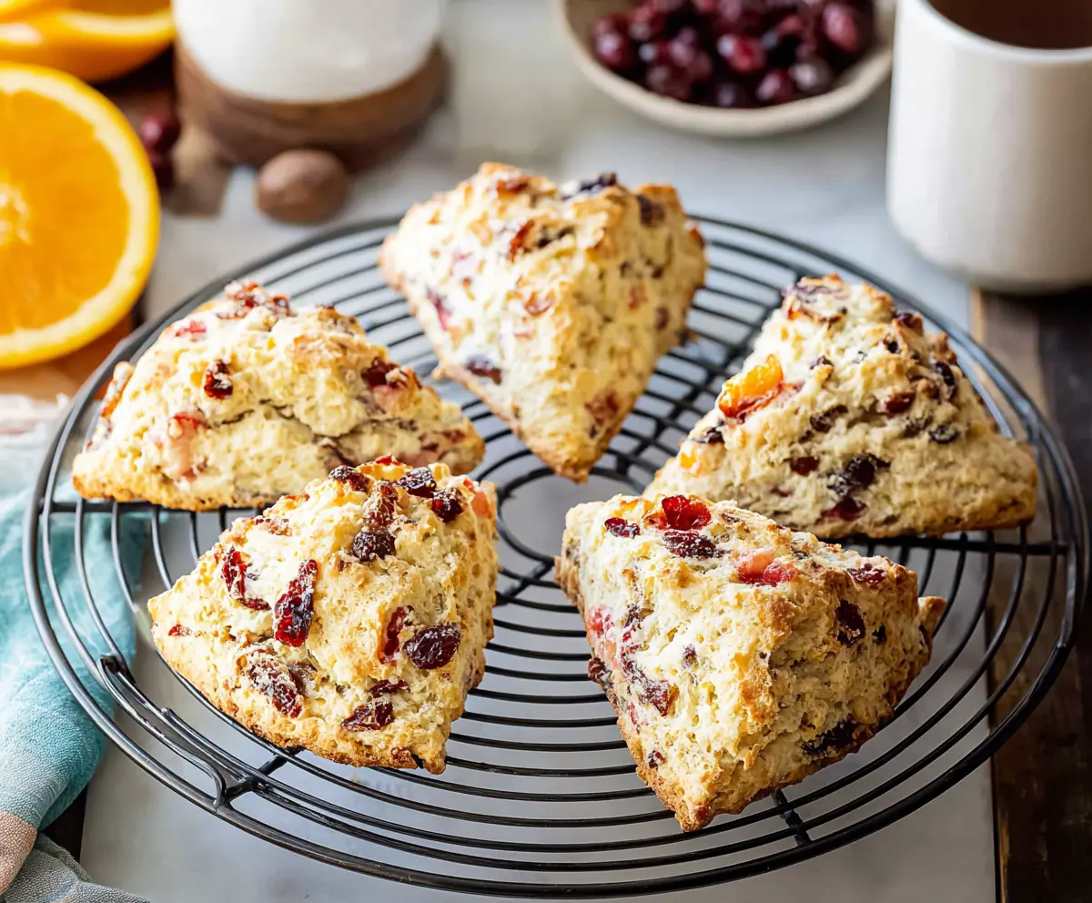 Delicious cranberry orange sourdough scones fresh out of the oven, showcasing a golden crust and vibrant cranberry pieces.