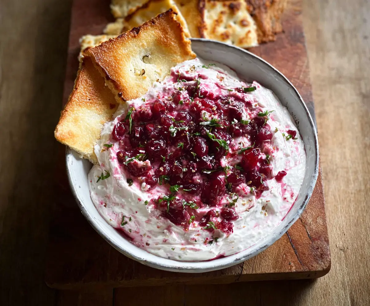 Delicious Cranberry Whipped Boursin Dip served with fresh vegetables and crackers for a festive appetizer.