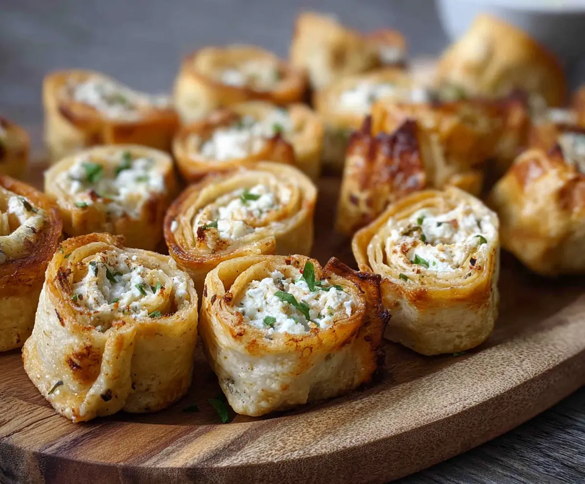 Delicious Cream Cheese Tortilla Bites garnished with herbs on a white plate.