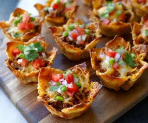 Delicious crunchy nacho cups filled with cheese and toppings, perfect for parties or snacking.
