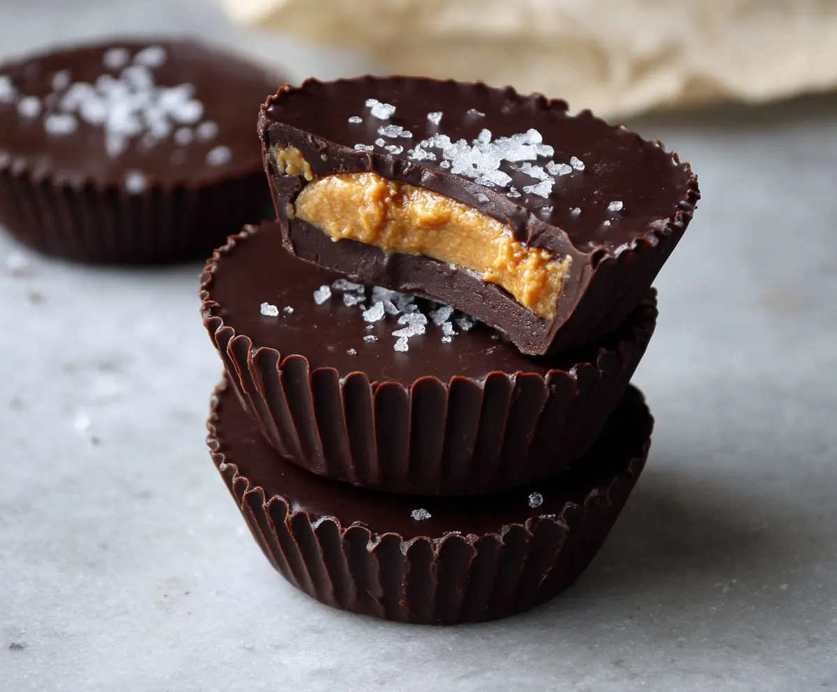 Delicious homemade dark chocolate peanut butter cups with a glossy finish and rich texture.