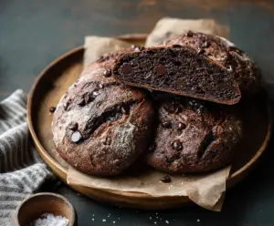 Delicious double chocolate chip sourdough discard bread close-up showing rich chocolate chunks and crispy crust.