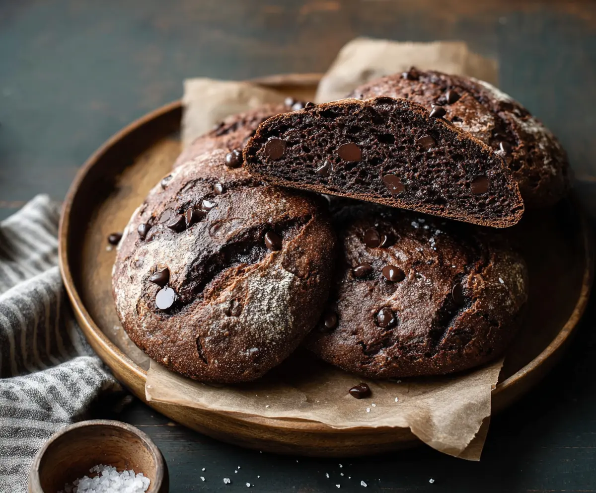 Delicious double chocolate chip sourdough discard bread close-up showing rich chocolate chunks and crispy crust.