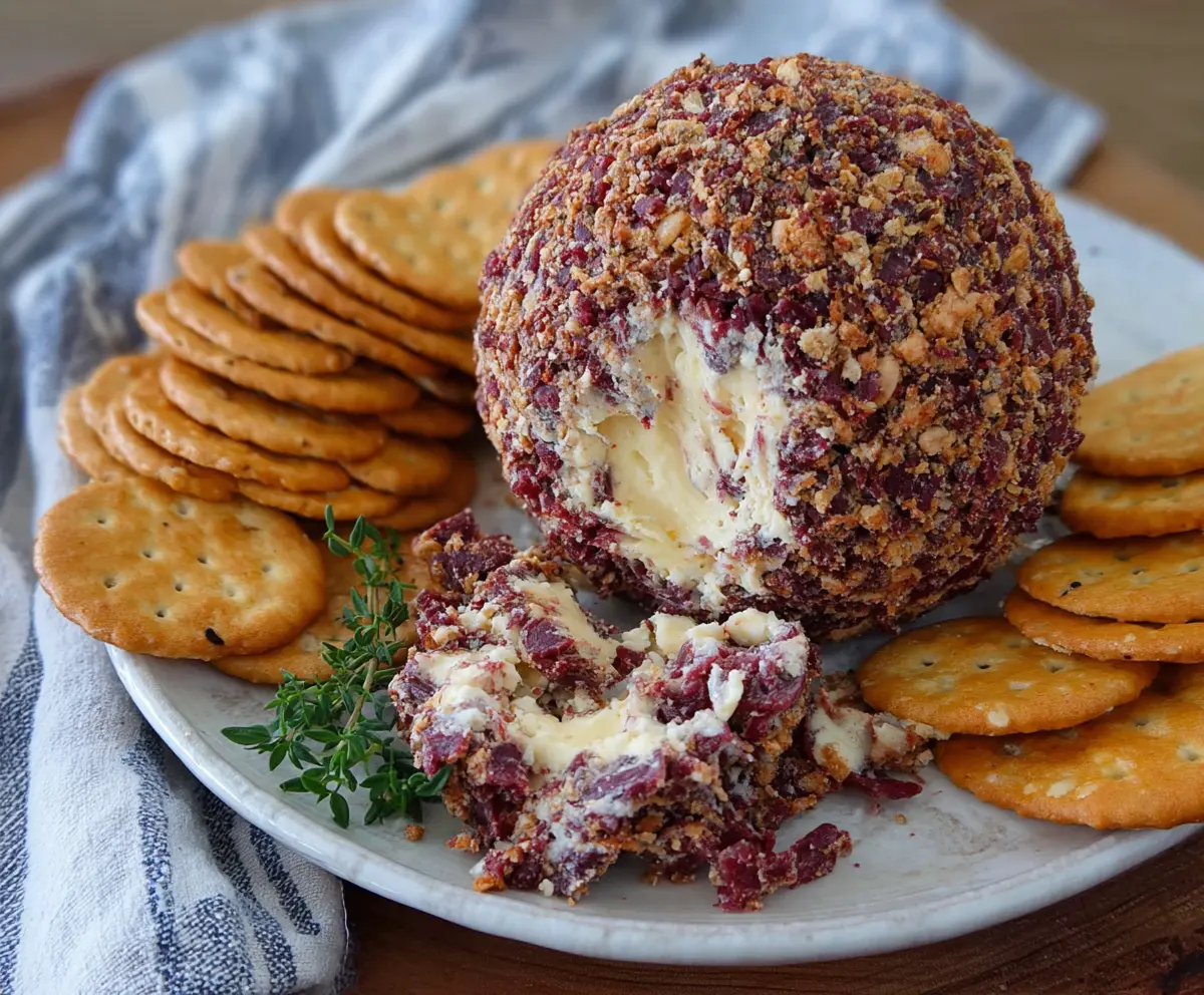 Delicious dried beef cheese ball garnished with herbs on a serving platter, perfect for appetizers.
