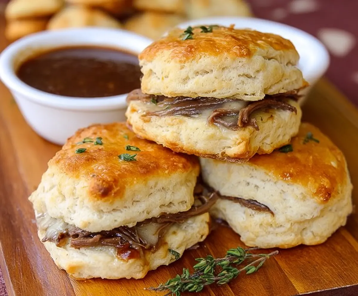 Delicious French Dip Biscuits with tender roast beef and melted cheese in flaky biscuits.