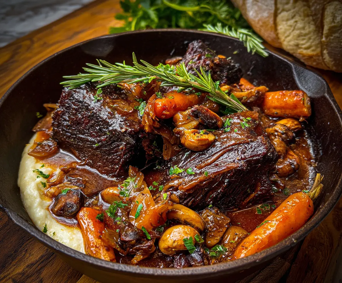 Delicious French style braised short ribs served with herbs and vegetables.