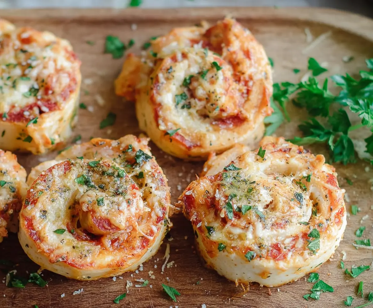 Baked Garlic Parmesan Chicken Pinwheels with melted cheese and herbs on a white plate.