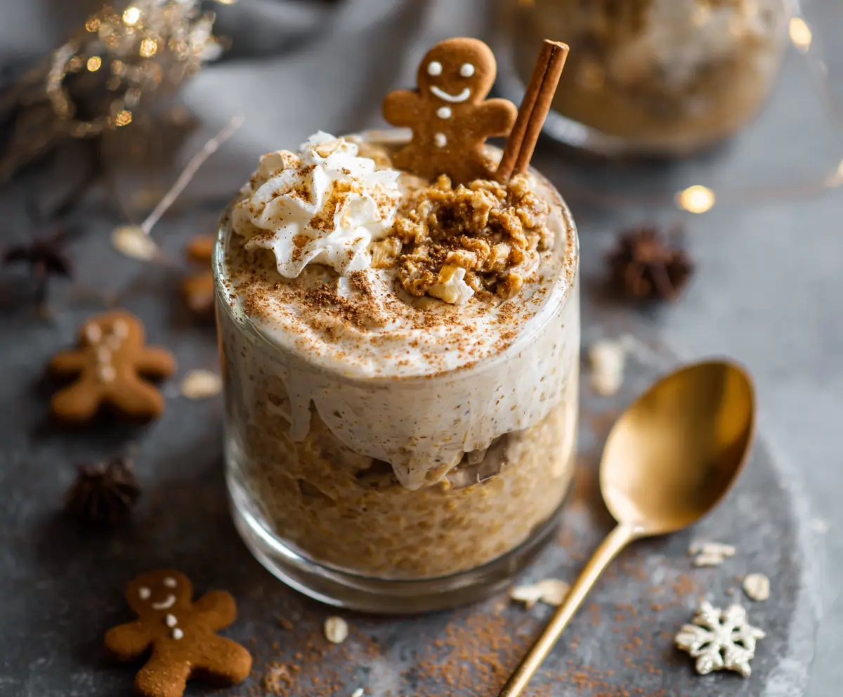Delicious gingerbread overnight oats topped with festive spices and creamy yogurt for a healthy breakfast.