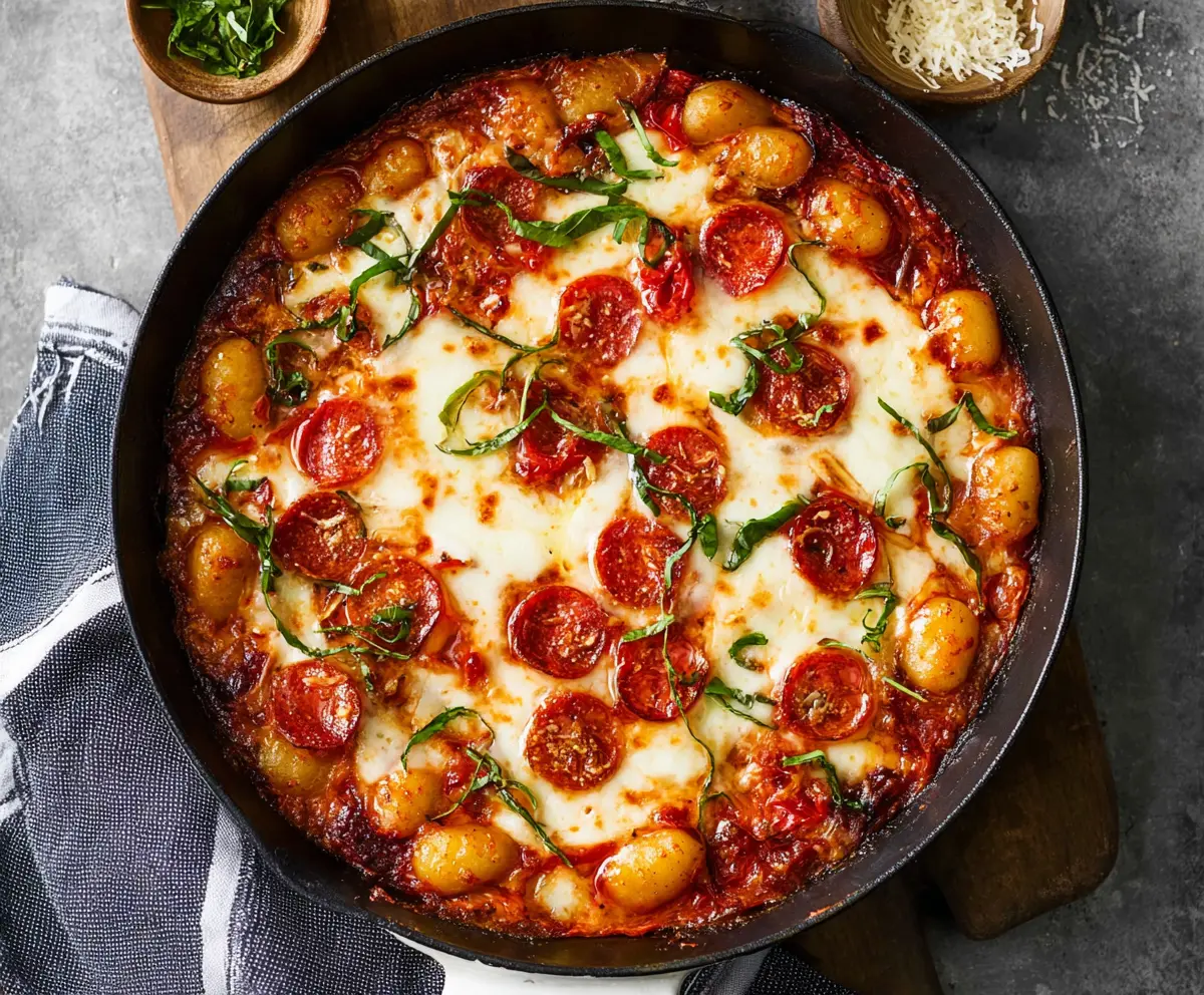 Delicious Gnocchi Pizza topped with melted cheese and fresh herbs, ready to serve.