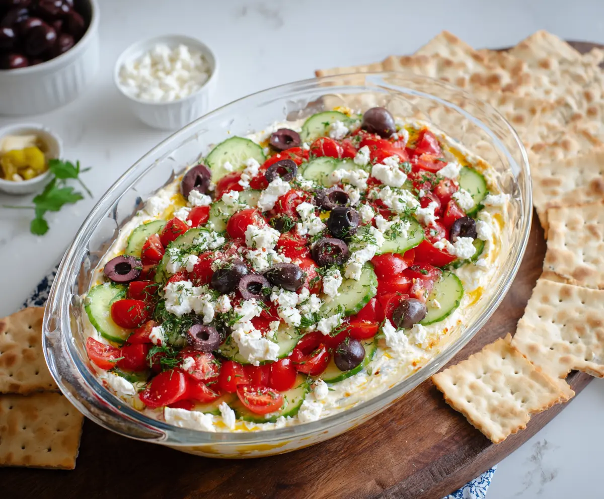 Delicious Greek Layer Dip with creamy yogurt, fresh vegetables, olives, and feta cheese in a serving bowl.