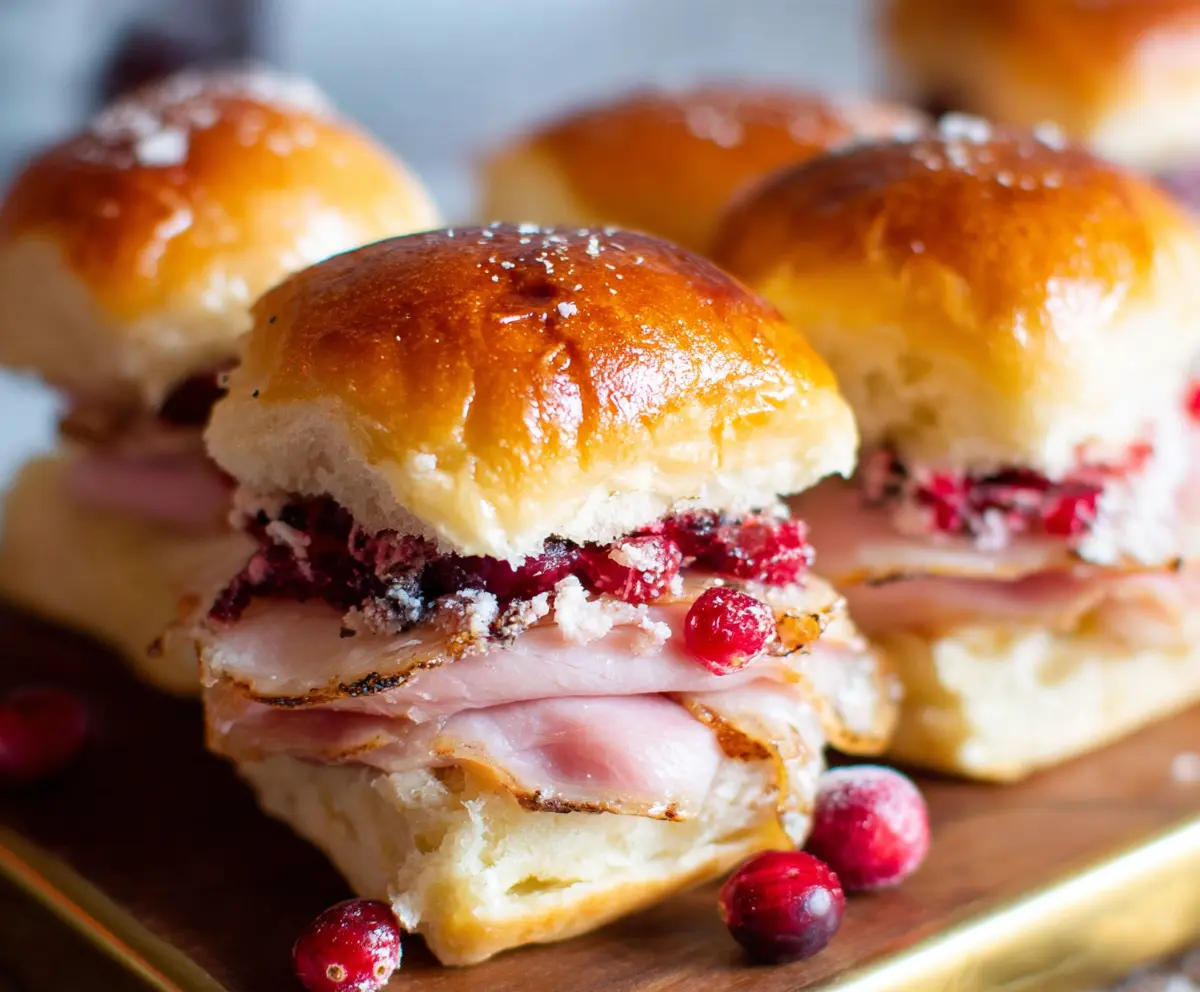 Delicious ham and cranberry sliders served on a plate, perfect for appetizers or parties.