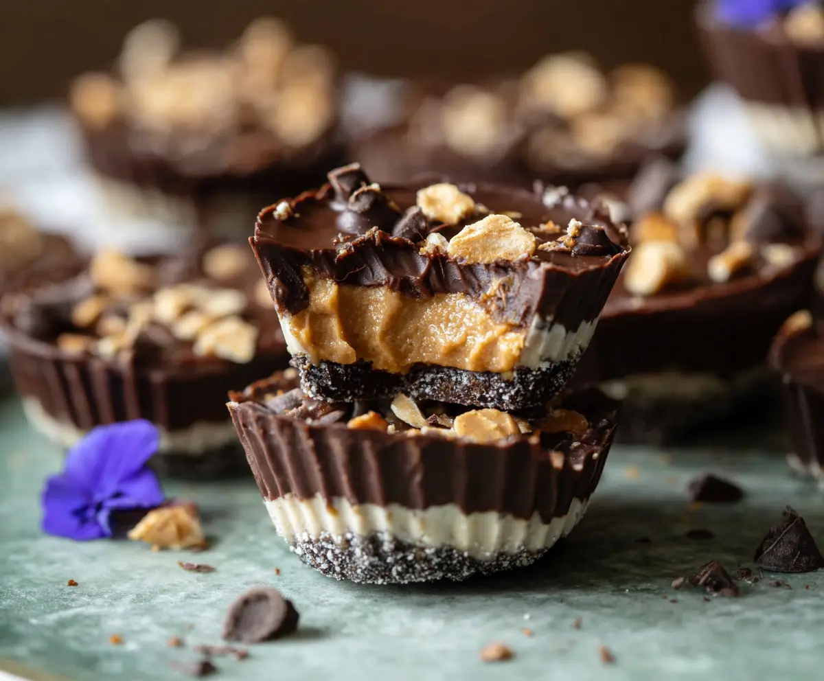 Healthy frozen peanut butter Greek yogurt cups topped with chocolate for a nutritious snack.