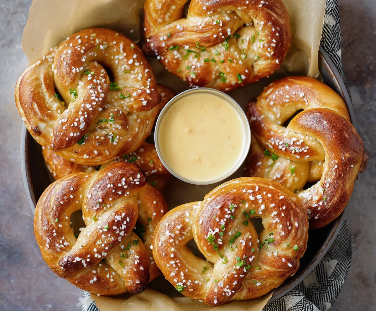 Golden homemade pretzels served with creamy queso dip, perfect for snacks and parties.