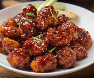 Crispy honey BBQ popcorn chicken served with a side of fresh vegetables.