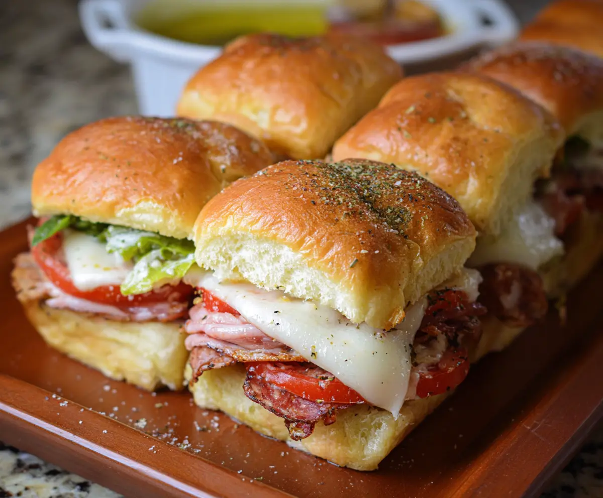 Delicious Hot Italian Sub Sliders with melted cheese, pepperoni, and fresh vegetables on a platter.