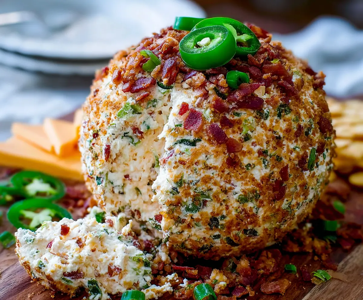 Creamy jalapeno popper cheese ball garnished with chopped herbs, perfect for appetizer cravings.