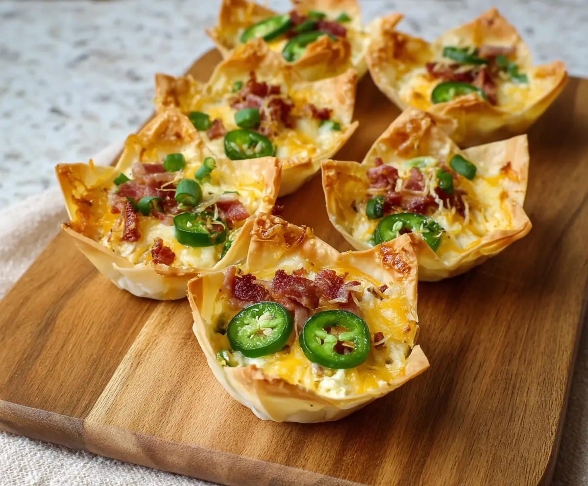 Delicious Jalapeno Popper Wonton Cups filled with creamy cheese and spicy jalapenos.