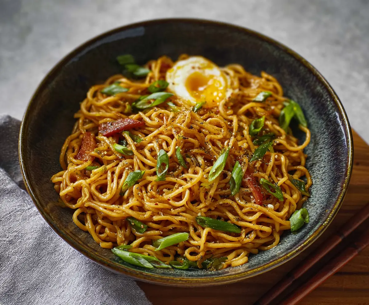 Delicious Japanese Garlic Fried Noodles with crispy edges and aromatic garlic