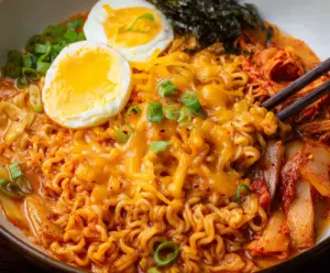 A delicious bowl of Kimchi Cheese Ramen topped with melted cheese and spicy kimchi for a flavorful Asian fusion dish.