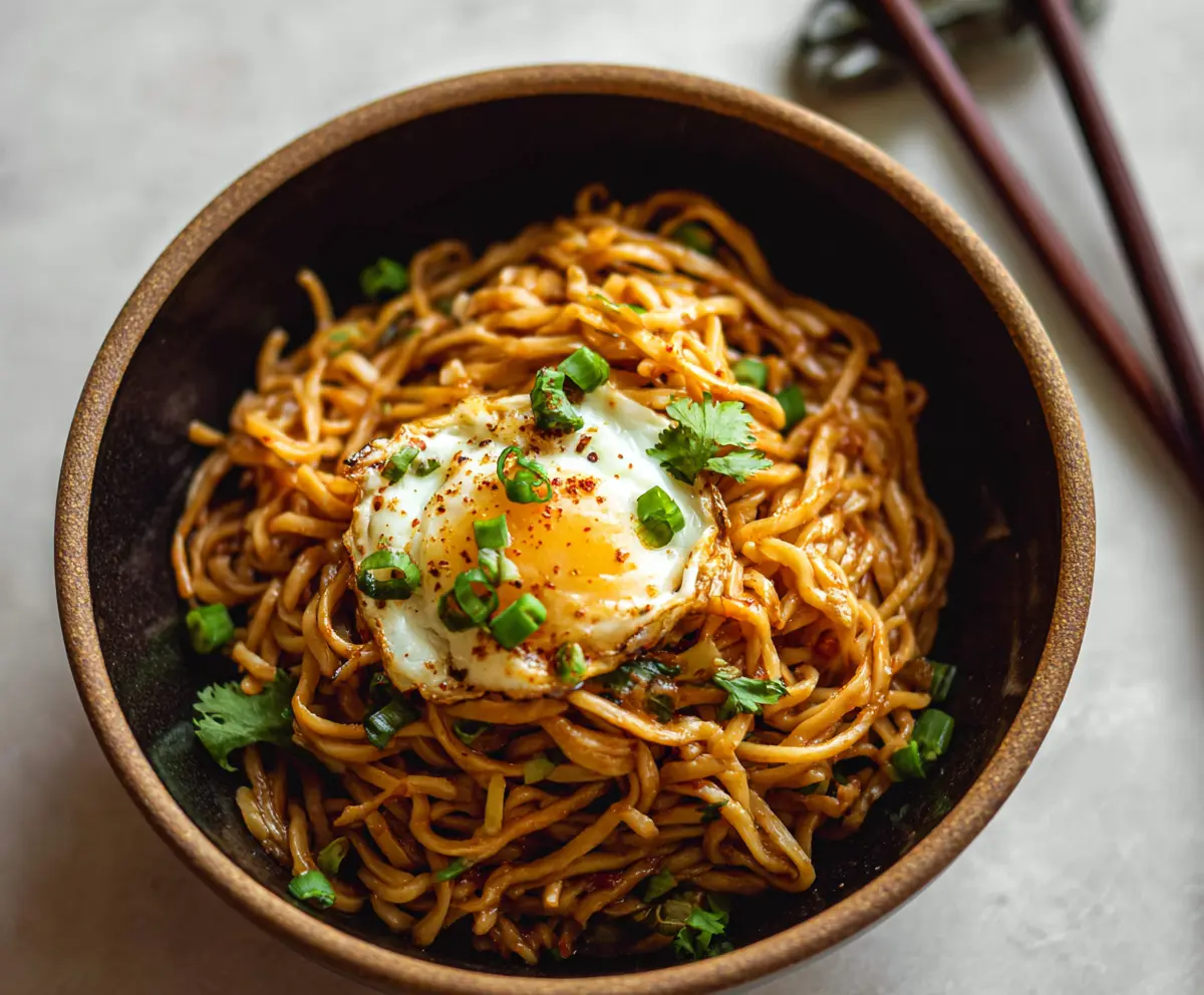 A plate of steaming Korean garlic noodles garnished with chopped green onions and sesame seeds.