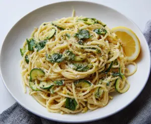 Fresh lemon zucchini pasta garnished with herbs on a white plate, ready to serve.